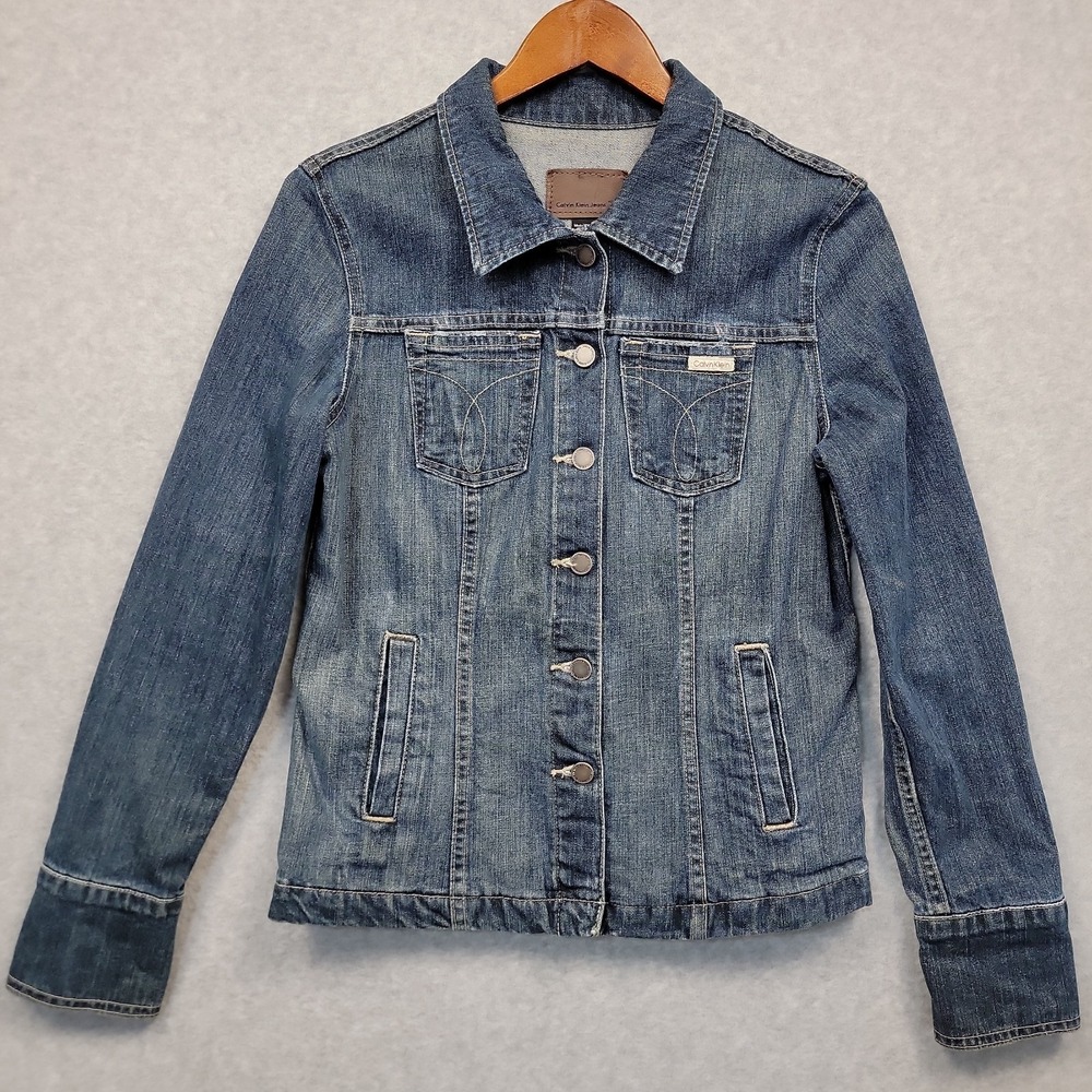 Vtg Calvin Klein Womens Jacket Sz M Denim Vintage Y2K Blue Jean Trucker Stretch
